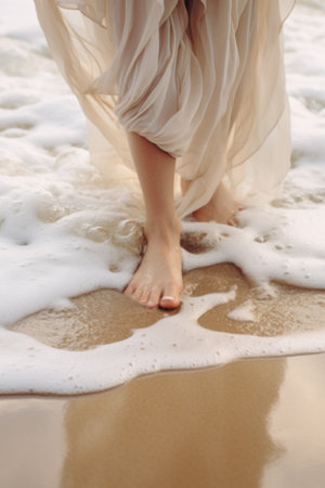 A woman walking on the beach with a lace dress, summer holiday conceptの素材