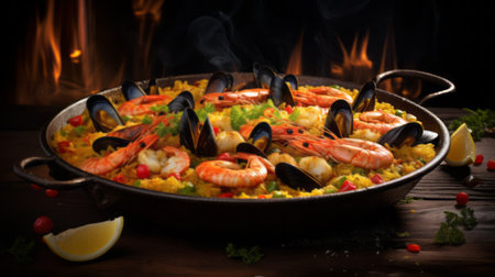 Traditional spanish seafood paella in the fry panの素材