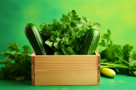 Farmer freshly herbs and zucchini in a rustic wooden box. Eco lifestyle. Fresh and organic vegetables in wooden boxの素材