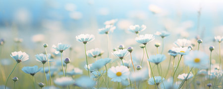 Border of white cosmos flower in cosmos field in garden with blurry backgroundの素材