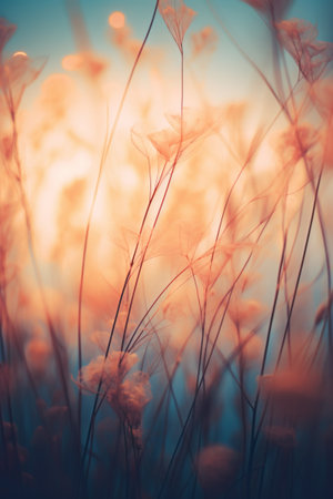 Abstract soft focus close up field of grass meadow warm golden hour sunset sunrise time. Tranquil spring summer nature closeup. Idyllic natureの素材