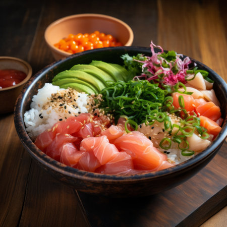 deep bowl with rice, tuna, salmon, avocado. on wooden tableの素材