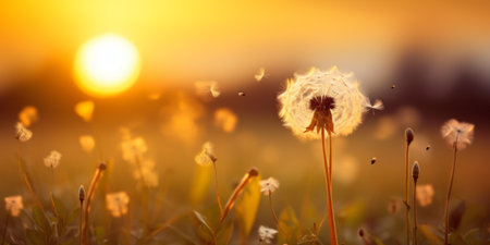 huge and big dandelion in the sun on a sunny day in the golden hour of the sunset. Nice contrast and orange range of colourの素材