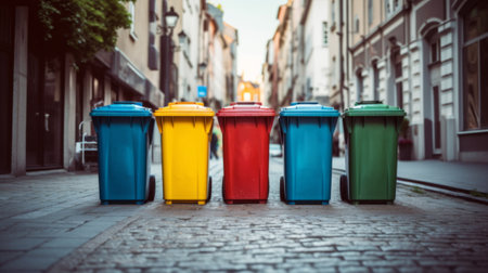 A row of trash cans on the side of a road, promoting environmental consciousness and waste separationの素材