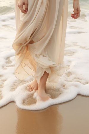 A woman walking on the beach with a lace dress, summer holiday conceptの素材