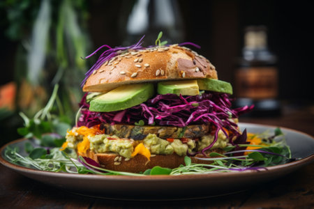 vegan burger with vegetables and sauce on dark background. Healthy food concept.の素材