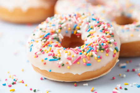 Close-up of donuts with multi colored sparks, pastel colors.の素材