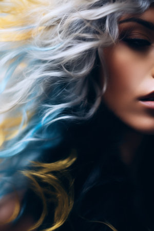 Beauty Fashion Model Girl with Colorful Dyed Hair. woman with thick wavy hair and a variety of shades of color palette. Coloring in different colors. Ombreの素材