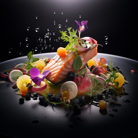 Dark photo of a fine dining dish with fish fillet decorated with eatable flowers. Black background with studio professional lighting.Plating, fine diningの素材