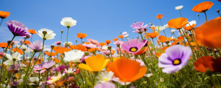 Multicolored flowering summer meadow with red pink poppy flowers, blue cornflowers. Wild summer flowers field. Summer landscape background with beautiful flowers. Bannerの素材