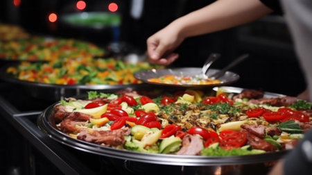 Cuisine Culinary Buffet Dinner Catering Dining Food Celebration Party Concept. Group of people in all you can eat catering buffet food indoor in luxury restaurant with meat and vegetables.の素材