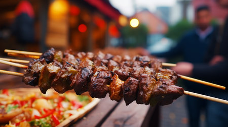 delicious bbq kebab grilling on open grill, outdoor kitchen. food festival in city. tasty food roasting on skewers, food-court. summer picnicの素材