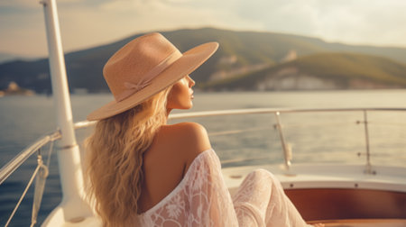Beautiful young woman in hat and white dress relaxing on luxury yacht. Traveling and yachting concept.の素材