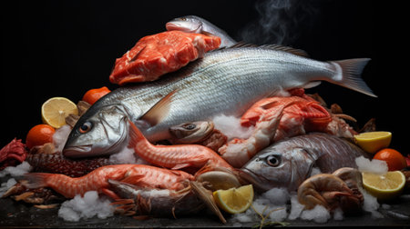 Fresh fish on ice at the fish market close upの素材