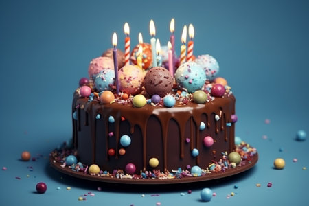 Chocolate birthday cake with candles on blue backgroundの素材