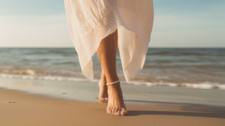 A woman walking on the beach with a lace dress, summer holiday conceptの素材