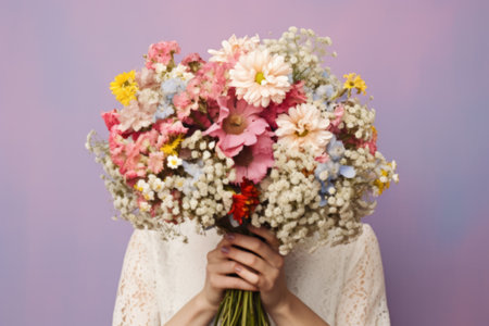 Portrait of a stylish young woman hiding her face with a bouquet of flowers. Beauty and nature concept.の素材