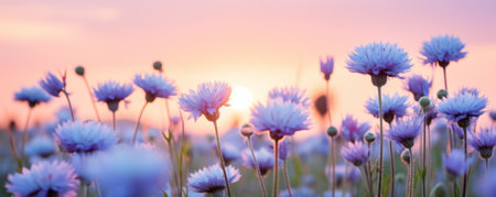 Art Wild flowers in a meadow at sunset. Macro image, shallow depth of field. Abstract august summer nature backgroundの素材