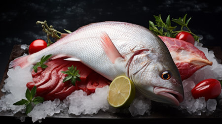 Fresh fish on ice at the fish market close upの素材