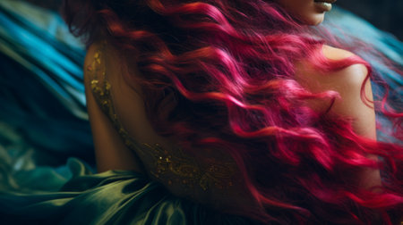 Beautiful woman with multi-colored hair, artistic banner. Concept of beauty, art, fashion, hair style and professional coloringの素材