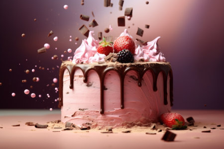 Creative cake on a table decorated for a party celebration, pastel backgroundの素材