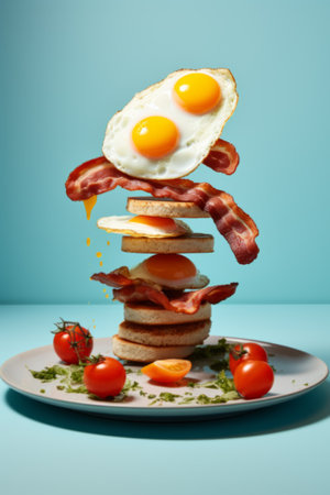 Bacon and egg as English breakfast levitate over a plate on a blue backgroundの素材