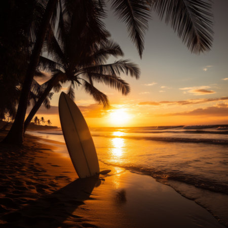 Surfboard and palm trees on sunset beach background. Travel adventure and water sport. relaxation and summer vacation concept. vintage color tone image.の素材