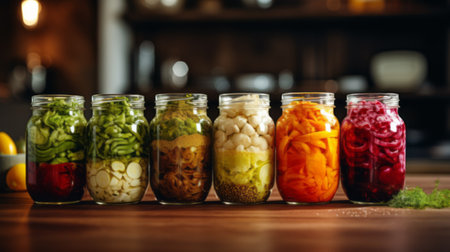 Autumn seasonal pickled or fermented vegetables in jars placed in row over vintage kitchen drawer, white wall background, copy space. Fall home food preserving or canningの素材