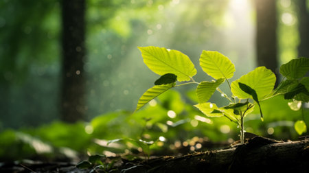 Beautiful branches with vivid green leaves on sunny bokeh background of greenery. Scenic forest view with lush vegetation in sunlight. Rich flora of dense forest in sunshine. Picturesque summer scenery.の素材