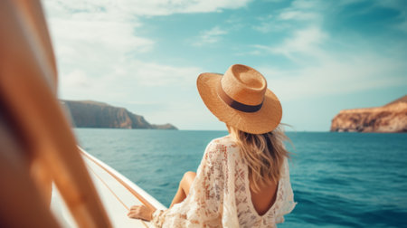 Beautiful young woman in hat and white dress relaxing on luxury yacht. Traveling and yachting concept.の素材