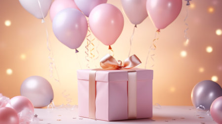 Banner. Balloons with gift boxes pastel colors for Valentine's day, birthday party, women's, mother's day, celebrate anniversary, weddings. Festive season decorations elements concept.の素材