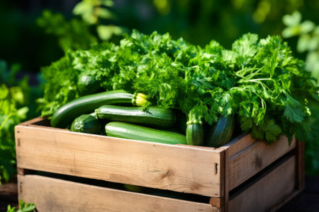 Farmer freshly herbs and zucchini in a rustic wooden box. Eco lifestyle. Fresh and organic vegetables in wooden boxの素材