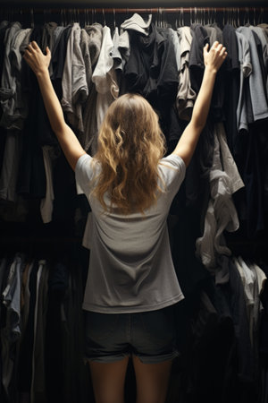 Young woman choosing clothes in front of full closet. Nothing to wear concept. Overconsumptionの素材
