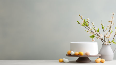 White cake decorated with chocolate Easter eggs and spring flowers banner, Easter holidayの素材