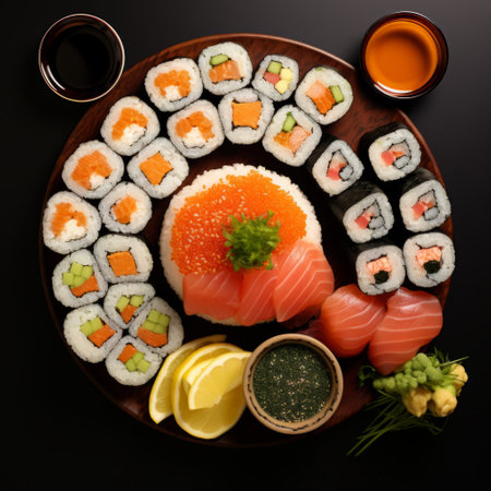 Assorted sushi, rolls and maki big set on color background A variety of Japanese sushi with tuna, crab, salmon, eel and rolls. Top viewの素材
