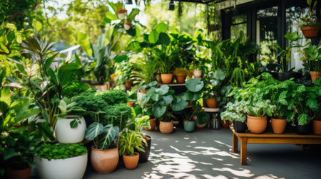 Beautiful wooden terrace with garden furniture surrounded by greenery on a warm, summer dayの素材