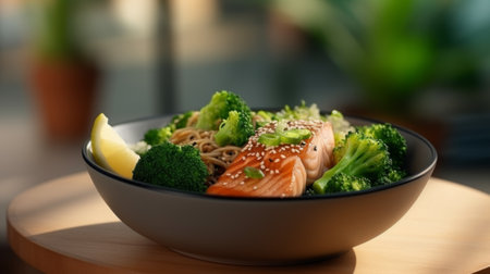 Roasted salmon fillet with quinoa and salad. Healthy homemade foodの素材