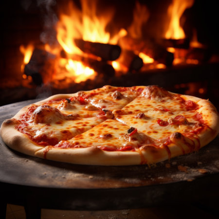 Pepperoni pizza close to charcoal oven on black background. Food and delivery concept. Menuの素材
