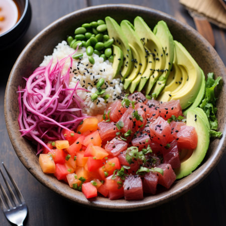 deep bowl with rice, tuna, salmon, avocado. on wooden tableの素材