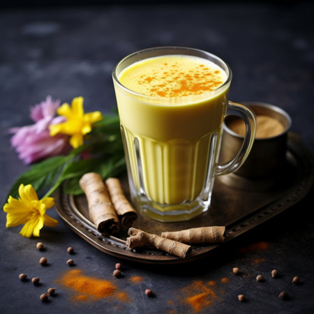 Turmeric latte with milk and cinnamon. Elixir of health and vivacity. Traditional healthy Indian detox drinkの素材
