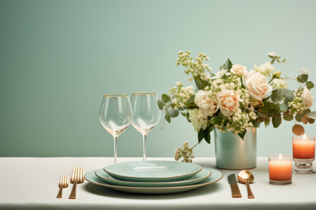 Elegant table adorned with  flowers and cutlery for a beautiful festive setting. Light pastel colorsの素材