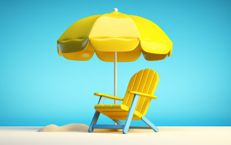 Summer scene with parasol, sunbed, and swim ring isolated on light blue background. Creative vacation concept. Beach, pool or travel idea.の素材