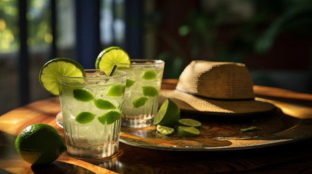 Classic alcohol cocktail mojito with rum, soda, lime and mint on the tableの素材