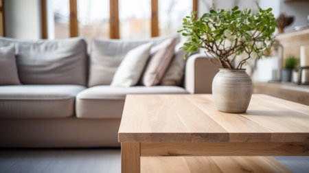 modern minimalistic living room with sofa and table in front of sofa against blurred backgroundの素材