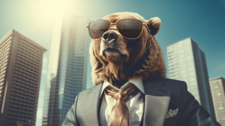 Portrait of a funny bear in a business suit and glassesの素材