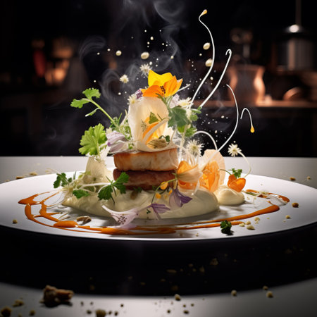 Dark photo of a fine dining dish with fish fillet decorated with eatable flowers. Black background with studio professional lighting.Plating, fine diningの素材