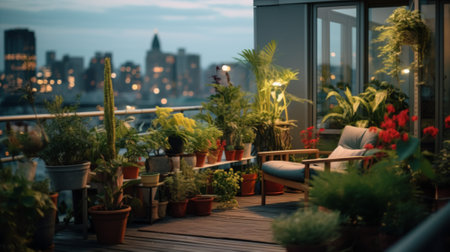 Vertical garden on a high-rise apartment balcony, filled with a variety of wildflowers and green foliage, creating a lush oasis amidst the urban environmentの素材