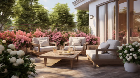 Beautiful wooden terrace with garden furniture surrounded by greenery on a warm, summer dayの素材