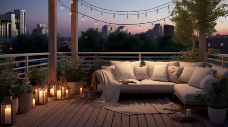 Simple patio furniture and string lights surrounded by greeneryの素材