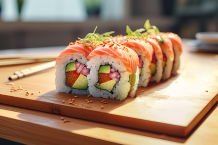 Close up of sushi on wooden boardの素材